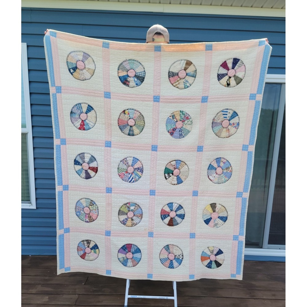 Vintage Dresden Plate Quilt Handmade 75x62 Farmhouse Hand Stitched Feedsack Sewn